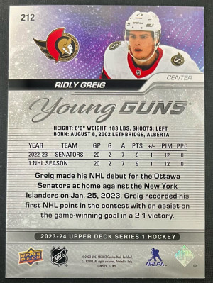 2023-24 Upper Deck Ridly Greig #212 Young Guns back